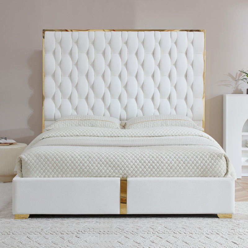 Rollie Vegan Leather Upholstered King Bed Frame In Cream, Cream, King