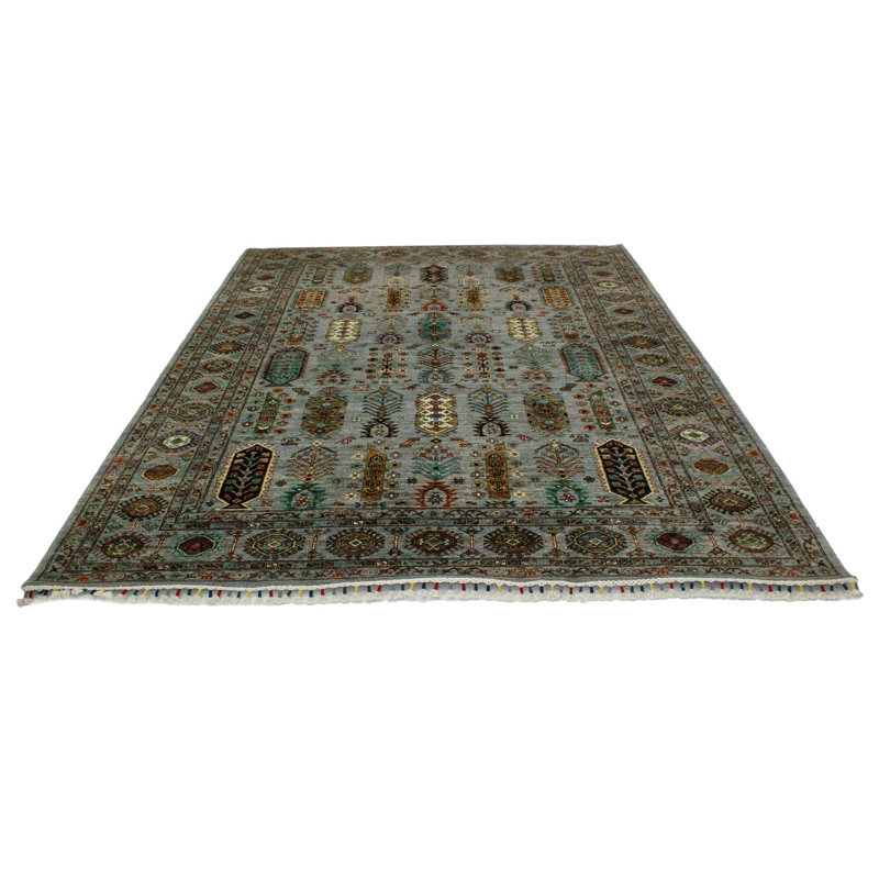 Tapis tribal turc vert et multicolore 7 x 7