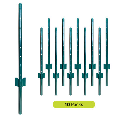 3ft, 10 Pack Metal Fence Post Heavy Duty Fencing Border Sign Post for Outdoor Garden Yard Farm Animal Barrier Green