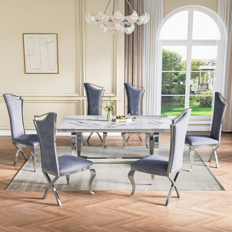 7 Pieces Luxury Kitchen Dining Table Set Of 6,70”Faux Marble Top With U-Shape Metal Base Dining Table For Kitchen, Dining Room
