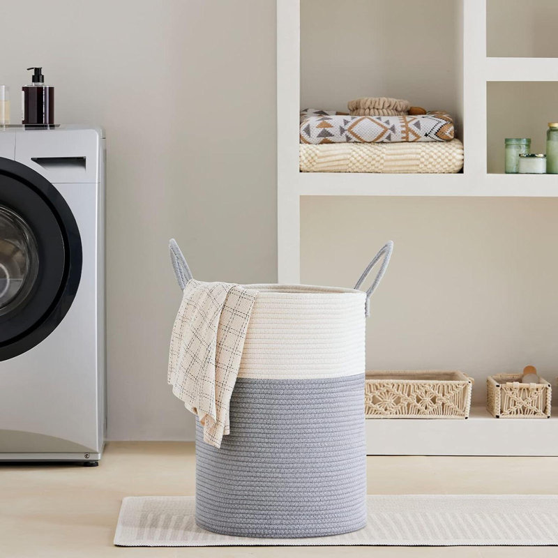 Panier de rangement haut en corde de coton tissé, Blanc / Gris, H 20 po x l 15 po x P 15 po