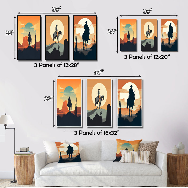 «Minimalistic Cowboy», 3 pièces sur toile, Toile tendue, H 20 po x l 36 po