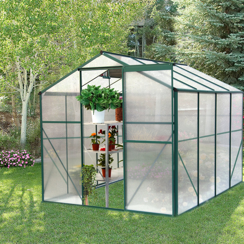 Serre de jardinage 6 pi x 8 pi, polycarbonate, serre à ventilation réglable pour plantes, panneaux, bloc, porte coulissante