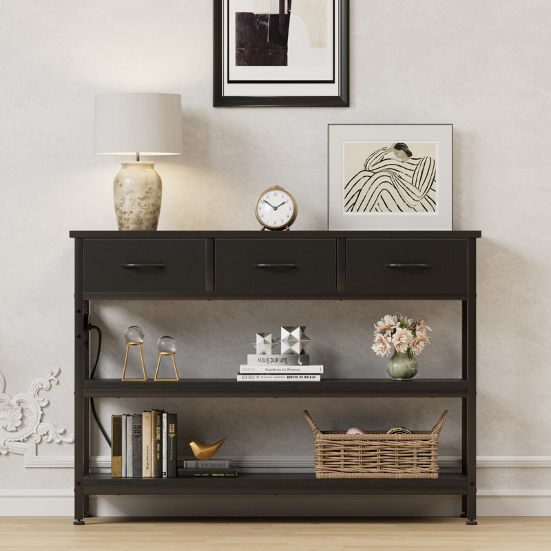  43.3'' Modern Wood Console Table with 3 Fabric Drawers, Rectangle Narrow Entryway Sofa Table with Charging Station And Open Shelves For Hallways, Living Rooms, And Small Spaces