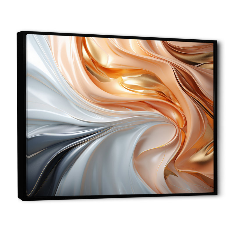 Art liquide en mouvement en rose doré et bleu - formes murales abstraites, H 30 po x l 40 po, Cadre flottant noir