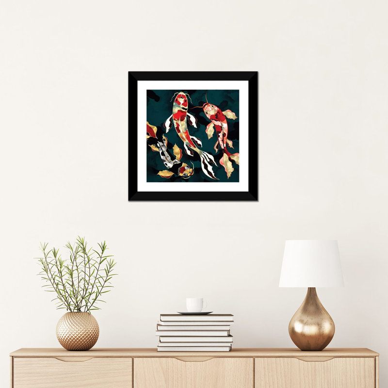 Metallic Koi - impression d'art graphique, 16" H x 16" W x 1" D, Black Framed Paper, Blanc