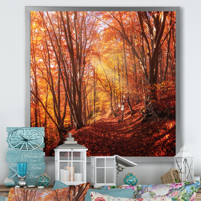 Arbres colorés dans la forêt d'automne - Peinture, H 16 po x l 16 po x P 1 po, Cadre photo argenté