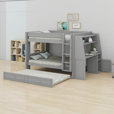 Multi-Functional Bunk Bed Featuring Desk, Shelves, And Trundle