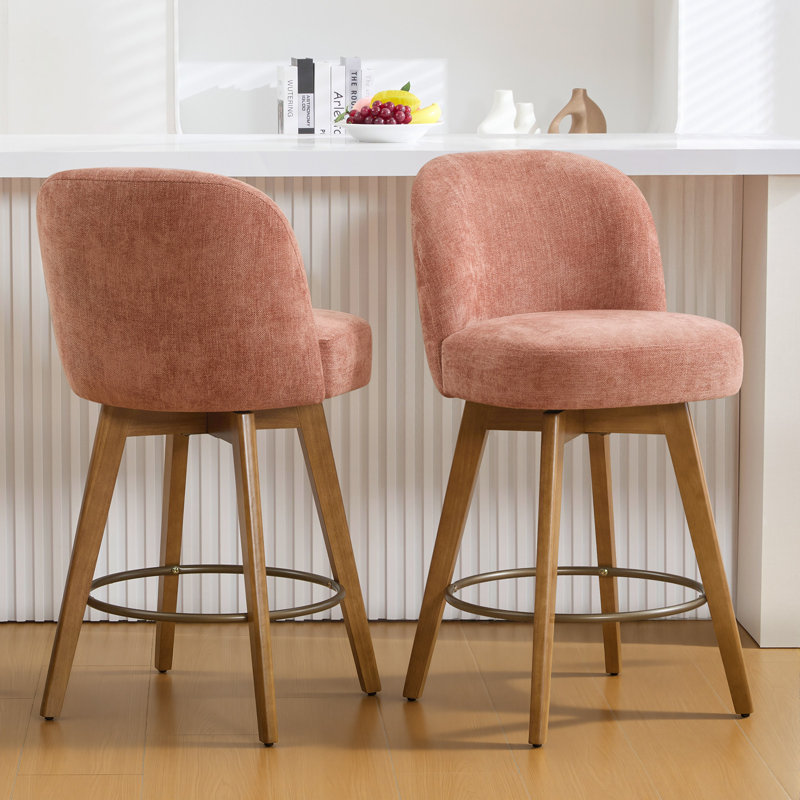 Tabouret de comptoir pivotant 26 po avec structure en bois massif et dossier moyen, Rose sable / chenille