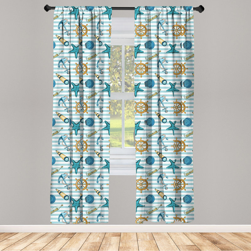 Nautical Blue Polyester Rod Pocket Curtain Panels, 84-inch