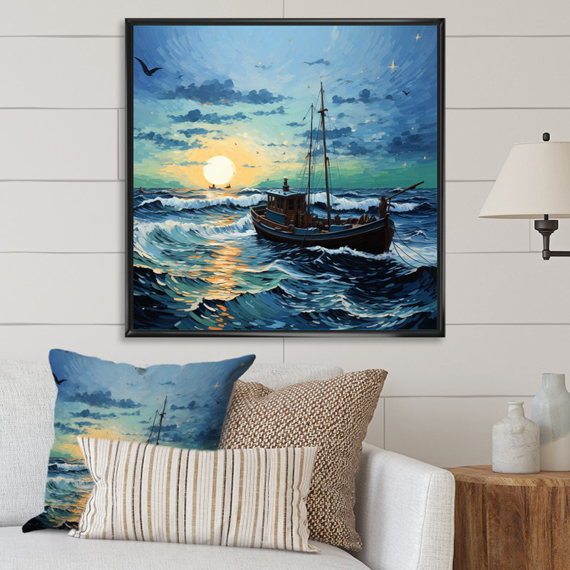 Vangogh paysage marin avec pêche II, Cadre flottant noir, H 36 po x l 36 po x P 1,5 po