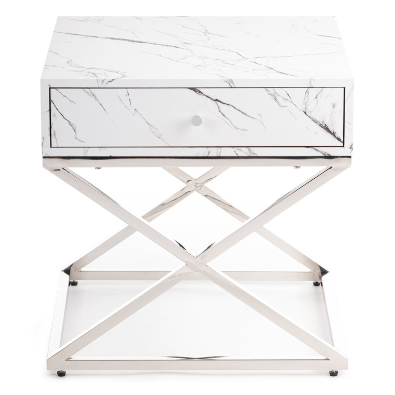 Glenam 55cm W Stainless Steel Bedside Table, White, Silver