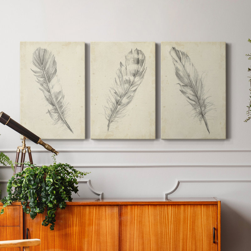 Plume d'esquisse I - ensemble de 3 reproductions d'art sur toile tendue, H 27 po x l 48 po x P 1 po
