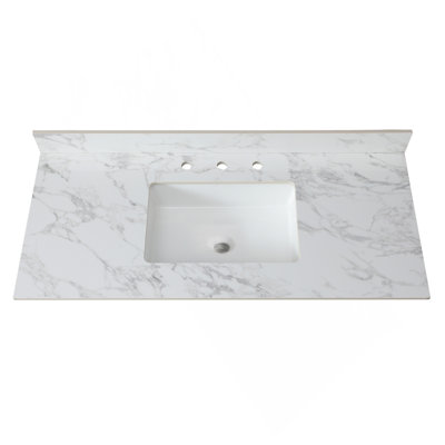 49"X22"Bathroom Vanity Top,Sintered Stone Carra White   Barthroom Vanity Sink Tops With Rectangular Undermount Ceramic Sink With Vanity Backsplash, Three Faucet Hole Bathroom Vanity Countertop