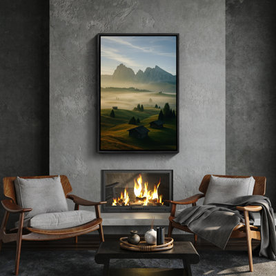 Golden Morning Alpine Meadows with Mountain Cabins, reproduction d'art encadrée