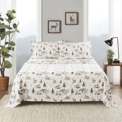 Gray Deer Toile Full Sheet , 4 Pcs Of 100% Cotton Flannel, Soft Velvet Feel, Twin/Full Fitted Fits 12" Mattresses, Queen/King/ King For 14", Has 1 Fitted, Flat And 2 Pillowcases, Machine Washable -