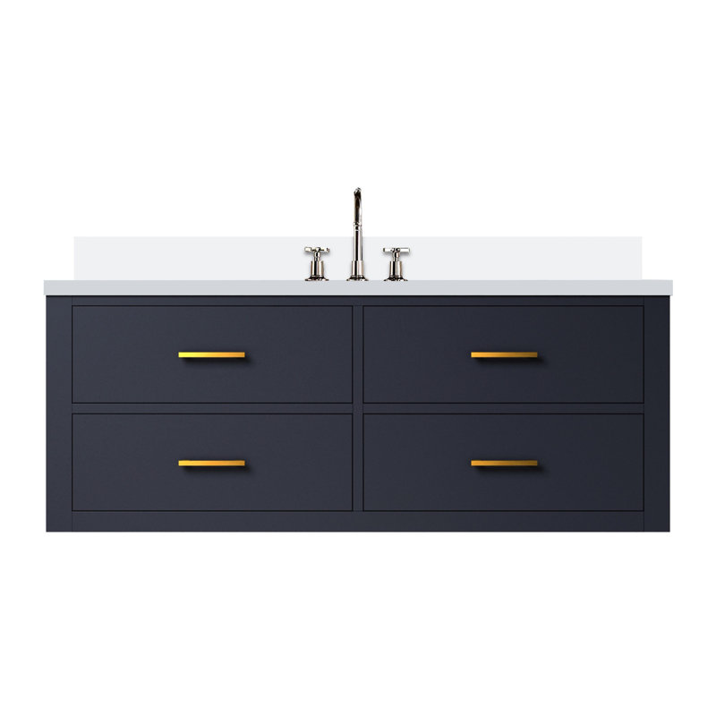 48 po W Bleu, meuble-lavabo de salle de bain bleu, comptoir en quartz blanc, robinet inclus, fermeture en douceur, comptoir en bois massif et objets remarquables, robinet, cadre, panneaux à l'intérieur