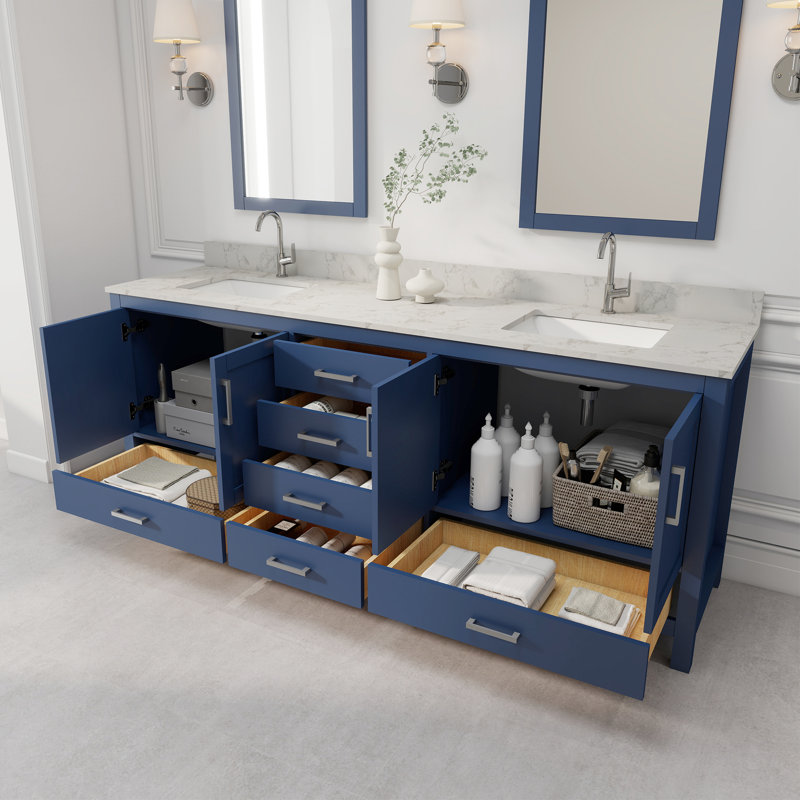 Meuble-lavabo double 84 po avec plateau en granite blanc Riverford