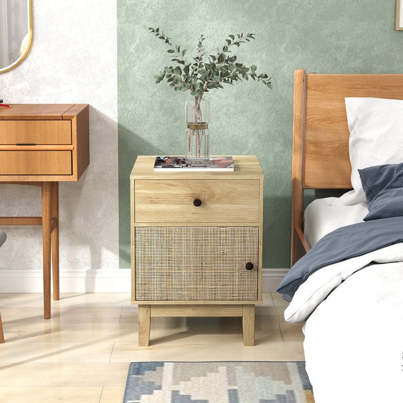Rattan Nightstand Mid Century Modern Bedside Table W/Drawer, Brown