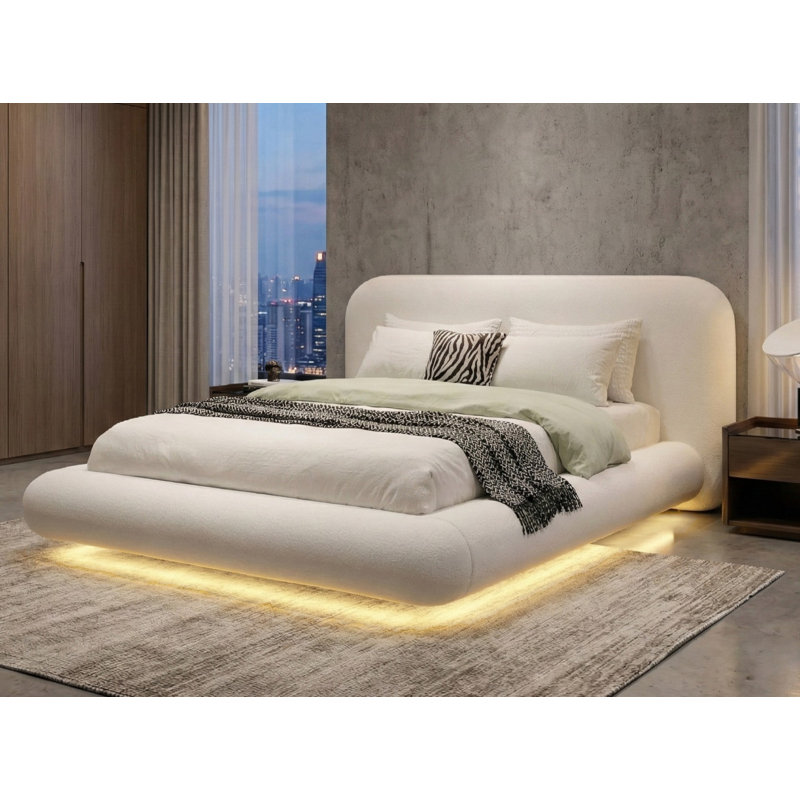 Lit plateforme tapissier moderne de style nuage avec tête de lit courbée, Blanc, Très grand