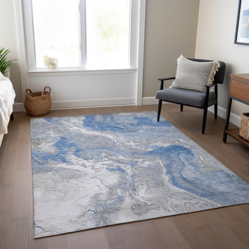 Blue Abstract Washable Synthetic Area Rug 2'6" x 3'10"