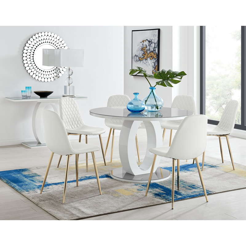 Scottsmoor Modern Halo Seat Round Dining Table Set - 6 Scandi-Style Faux Leather Dining Chairs, White/Gold, Grey
