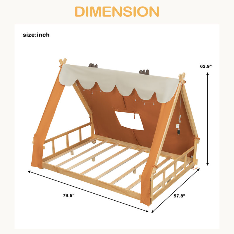 Lit maison avec tente et lumière, Lit double, Brun