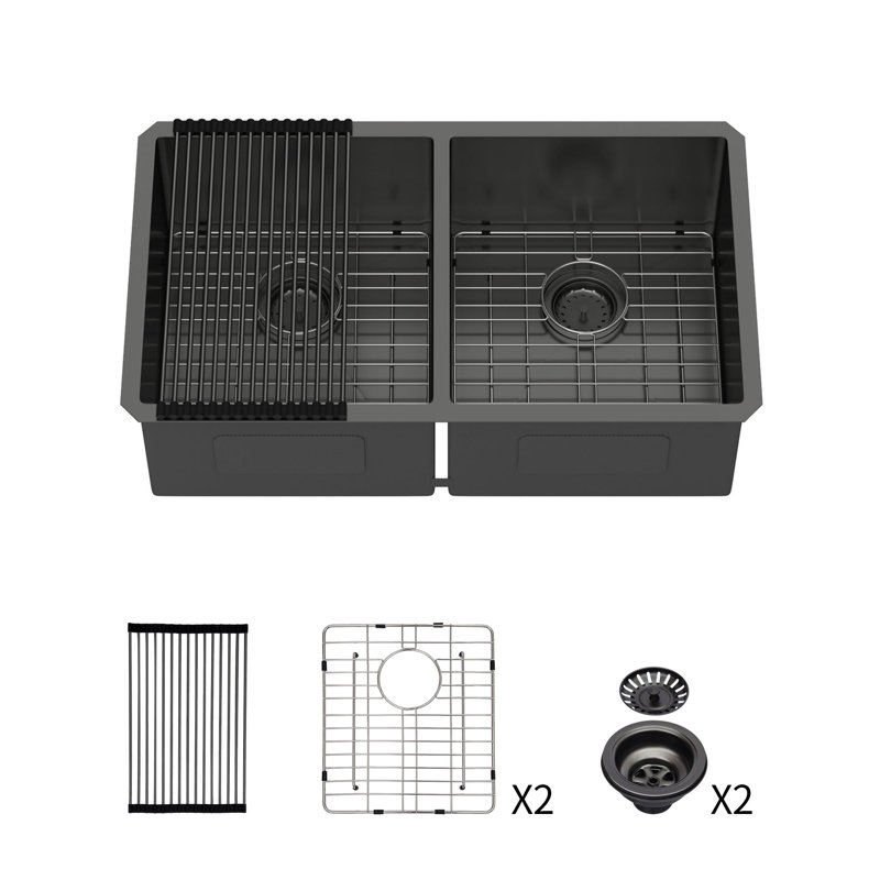 Double Bowl(50/50) Undermount Sink- 33"X19"X10" Gunmetal Black  Double Bowl Kitchen Sink 16 Gauge With Two 10" Deep Basin