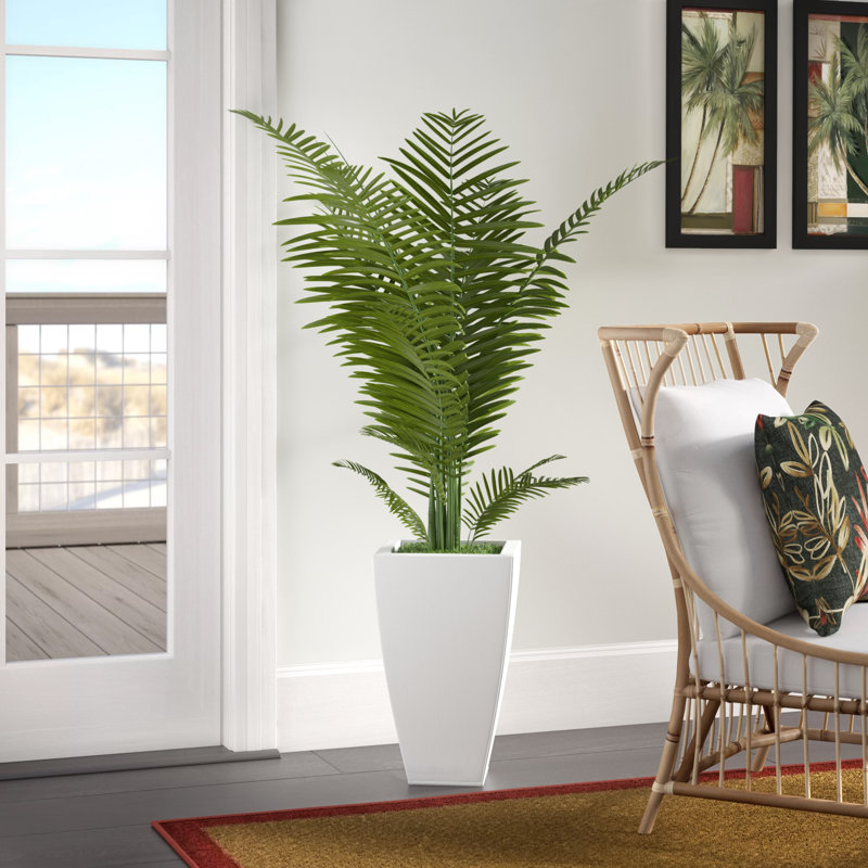 54'' Faux Palm Tree in Metal Decorative Vase, Cream