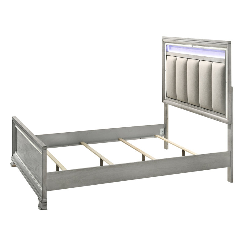 Grand lit à panneau avec éclairage à DEL intégré et bois massif gris doux, tête de lit, lit ultra-moderne propice, tête de lit à miroir