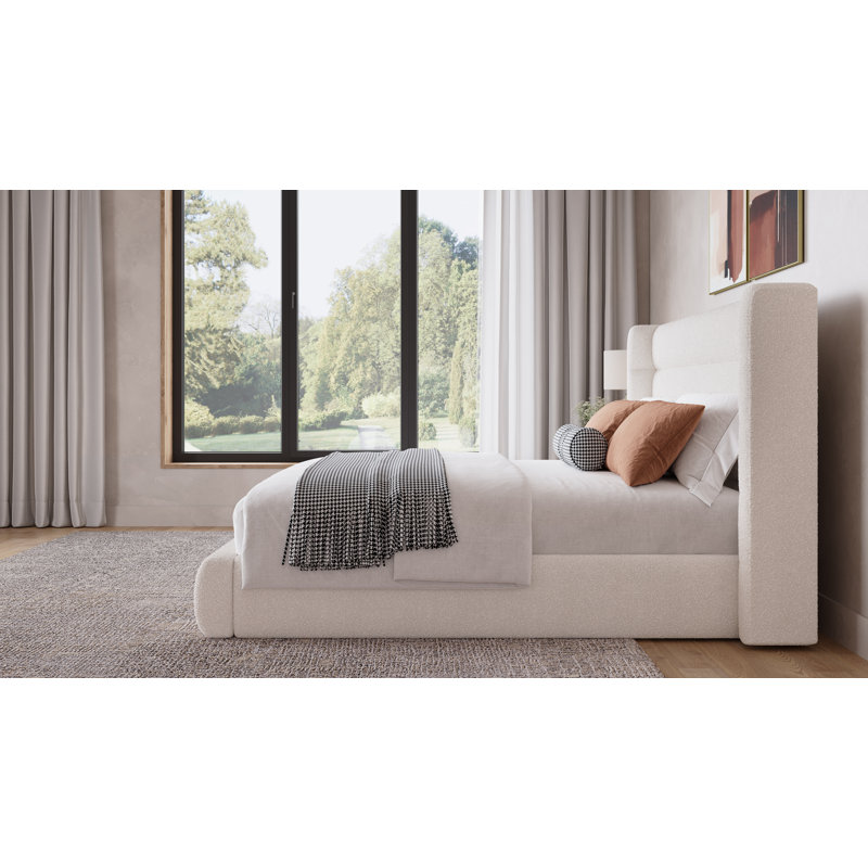 Upholstered Platform Bed, King, Ivory Boucle