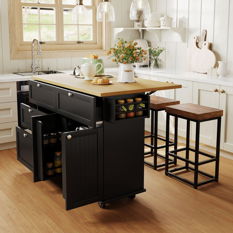 Farmhouse Kitchen Island with Drop Leaf and 2 Seatings, Black