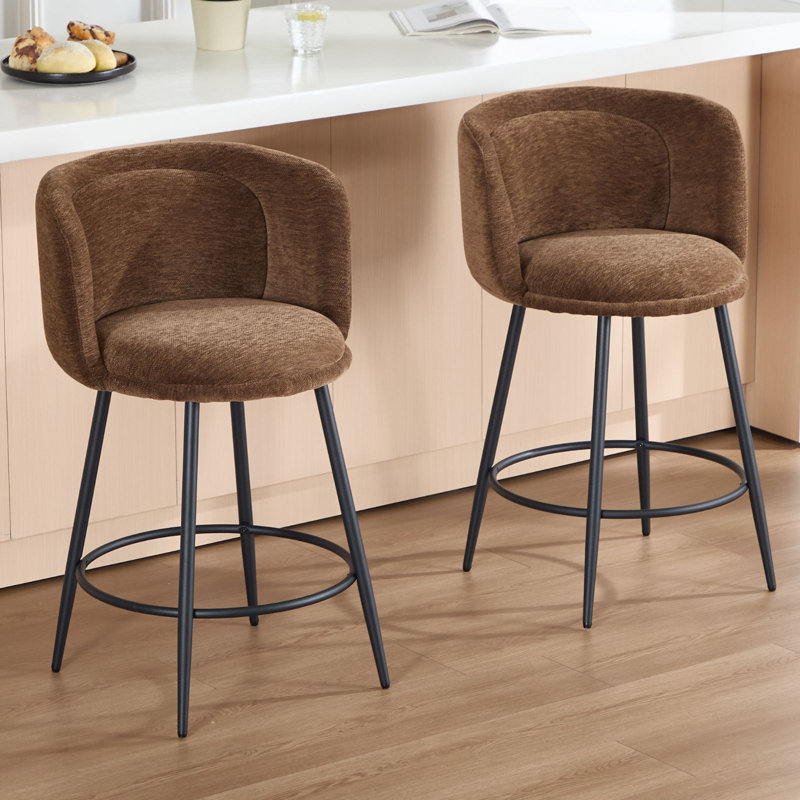 Upholstered Chenille Bar Stool with Iron Frame, Brown, 2