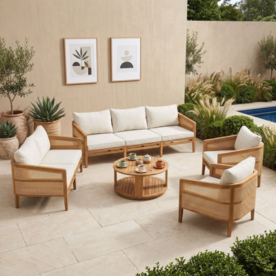 Ensemble de conversation modulaire en bois d'acacia et en rotin PE avec canapé, causeuse, chaises, table et coussins
