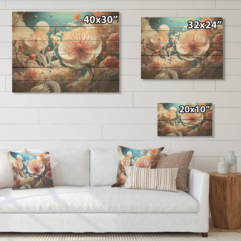 Floral Symphony - Coastal Coral Under Water Wood, art mural sur bois de pin naturel, H 30 po x l 40 po