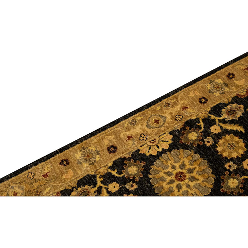 Tapis bleu marine / or / vert en laine noué à la main de conception unique 2 pi 6 po x 19 pi 4 po