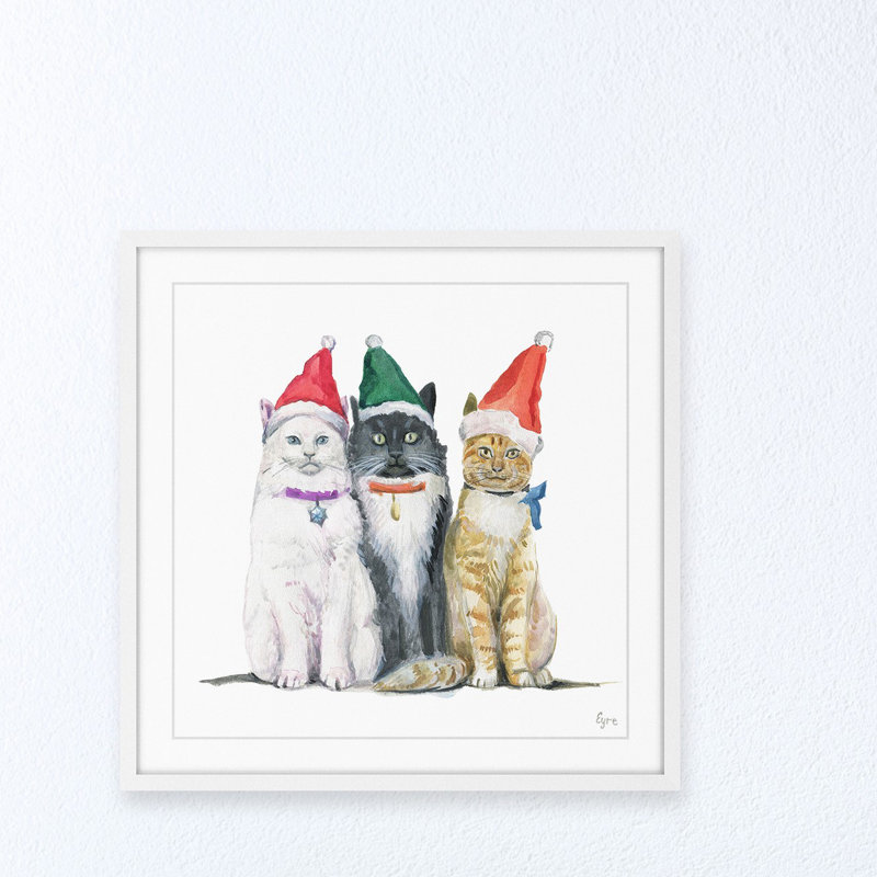 « trois chats de noel », reproduction de peinture à l’aquarelle encadrée, H 24 po x l 24 po x P 1,5 po