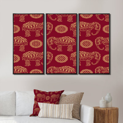 Éléphant indien et mandala sur fond rouge - ensemble de 3 reproductions d'art encadrées sur toile