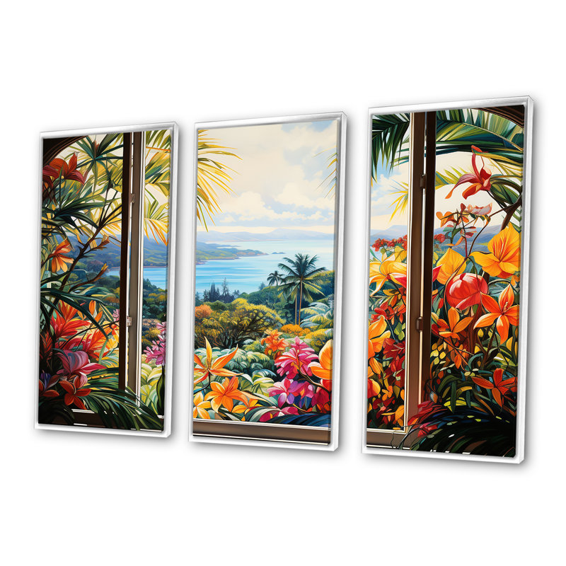 «Tropical Windows View Blooms 4 - Coastal Windows», art mural, H 28 po x l 36 po, Cadre flottant blanc