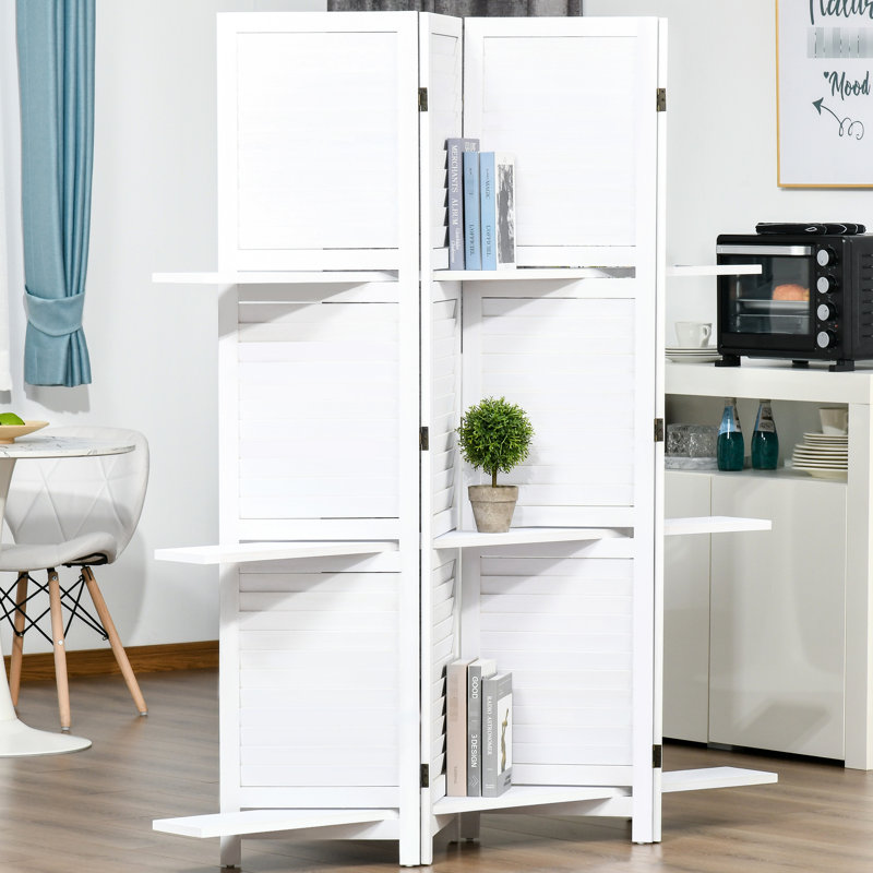 Paravent en bois à 4 panneaux de 170 cm de hauteur, 3 étagères, pliable, pour chambre/bureau à domicile, blanc, idéal pour la chambre et le bureau à domicile.