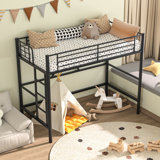 Metal Single Size Loft Bed, Metal Bed Frame with Removable Ladder and Safety Guardrail, Space Saving
