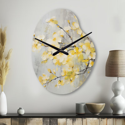 Apple Blossom Harmony XV - Apple Blossom Unique Shape Metal Wall Clock, Yellow Asymmetrical Clock Print