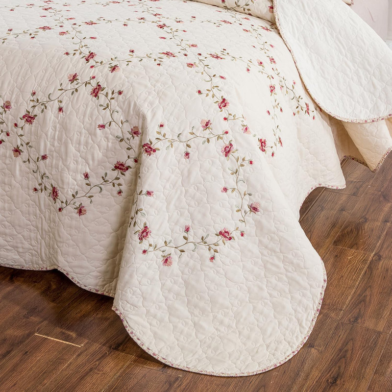 Ensemble de courtepointe réversible en coton brodé 2 pièces, Queen Quilt + 1 Pillowcase