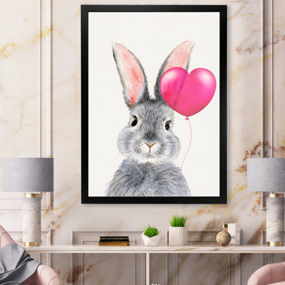 Lapin gris moelleux avec ballon cœur rose - reproduction sur toile