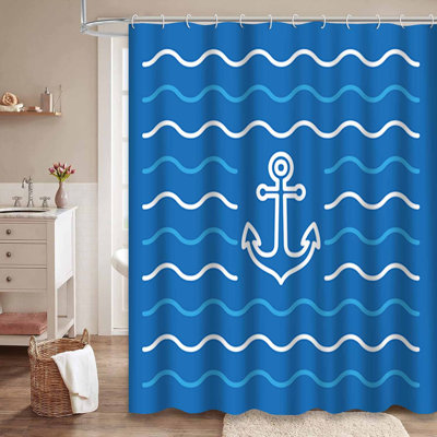 Waterproof Light Blue Anchor Bath Abstract Wave Shower Curtain with 12 Hooks
