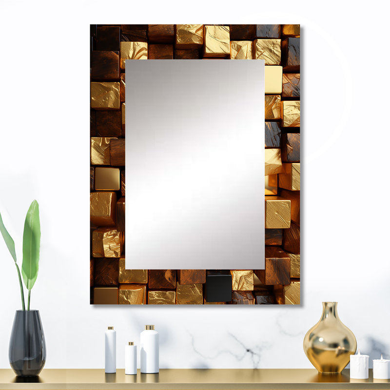 Black and gold abstract cubes II - Geometric Wall Mirror, Gold Decorative Mirror, Printed Metal Art, 32" x 24"