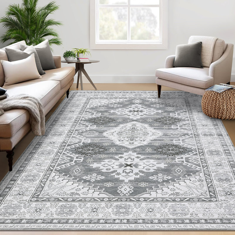 Machine Washable Rugs Vintage Non-Slip Low Pile Rubber Backing Area Rug for Living Room Bedroom Kitchen Dining Room Dorm and Bedside Decor