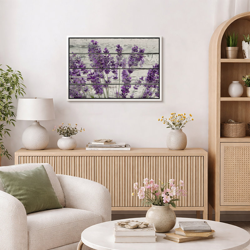 Œuvre d'art mauve lavande mauve sur fond effet bois, images murales rétro rustiques, impression sur toile encadrée, Blanc