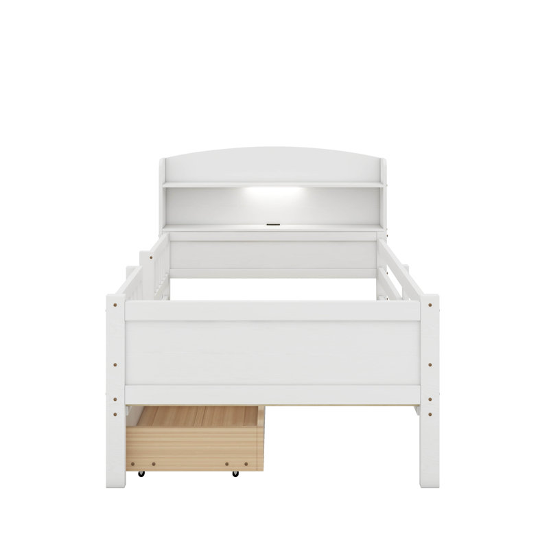 Lit plateforme en bois avec lumière DEL, tête de lit multifonctionnelle, garde-corps et 2 tiroirs, Blanc