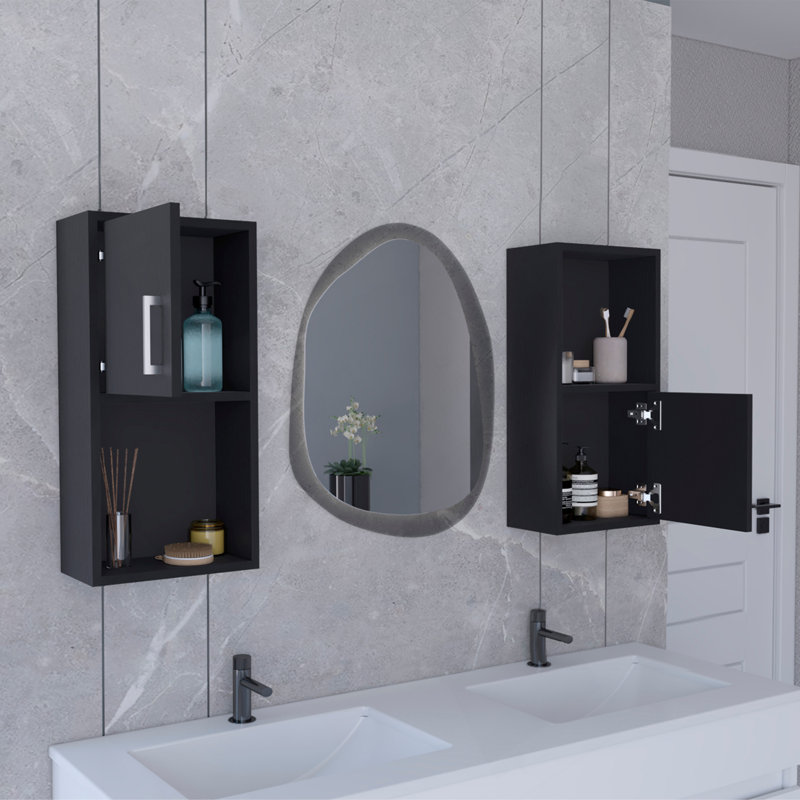 2-Pc Wall-Mounted Bathroom Medicine Cabinet With Open And Closed Storage, Black